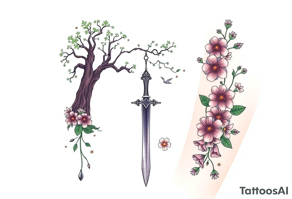based on the Lord of the rings movies with the tree of Gondor, the Evenstar necklace, the sword Narsil, and flowers tattoo idea