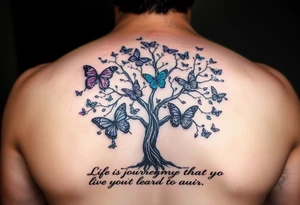 realistic tree of life with purple,, turquoise, and gray  beautiful butterflies and the words" Life is a journey that you should live and learn from. tattoo idea