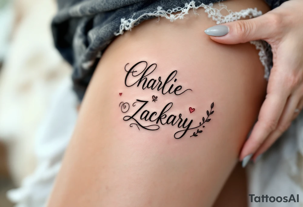 Create a delicate tattoo design that seamlessly integrates the names "Charlie" and "Zackary" in graceful, flowing cursive. Enclose the names within a softly stylized symbol that embodies strength and unity . The overall design should evoke warmth and protection while remaining refined and understated tattoo idea