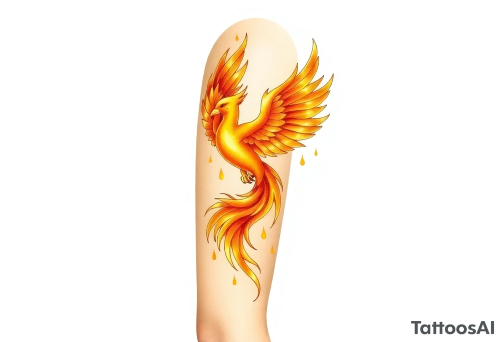 magnificent phoenix rising from golden flames with trailing embers tattoo idea