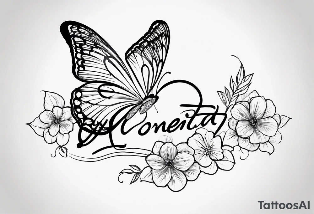 create a soft feminine energy tattoo to go down the left arm with the appearance of a wrap around the arm and going around a pre-existing tattoo of the name Vonetta in cursive writing fairly close to the top of the shoulder.  Also include a beautiful butterfly and the names Justin and Taylor tattoo idea
