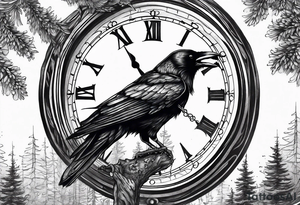crow looking back twisted neck into forest inside a old clock tattoo idea crow looking back twisted neck into forest inside a old clock tattoo idea