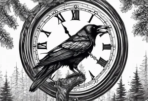 crow looking back twisted neck into forest inside a old clock tattoo idea