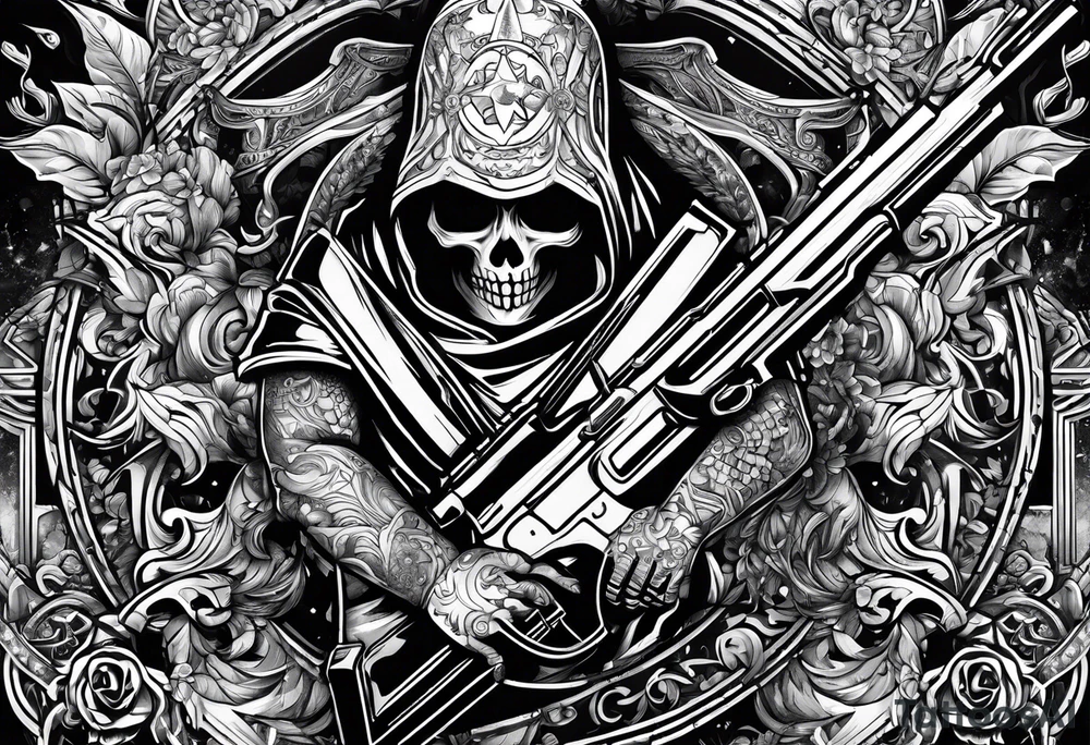 dead people with guns futuristic religious ancient graffiti tattoo idea