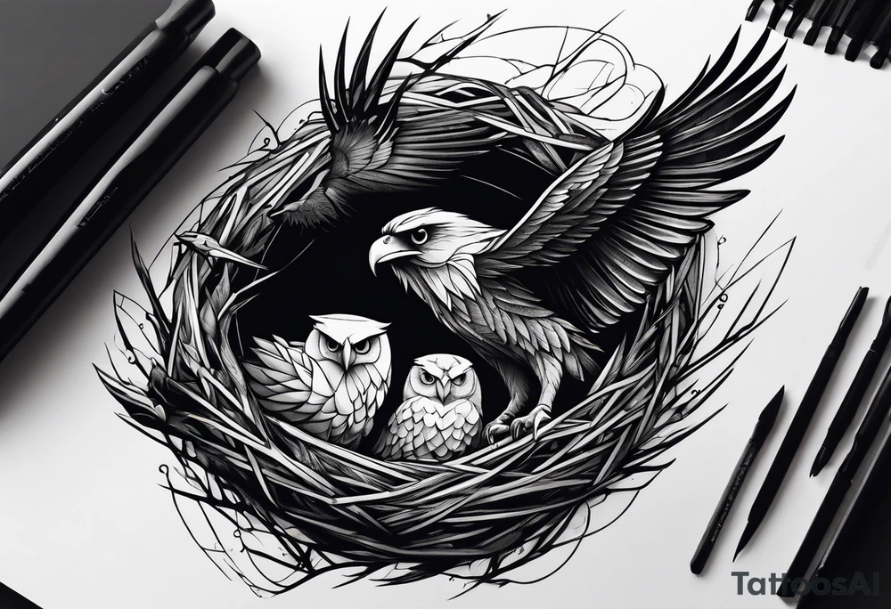 Owl, raven, eagle cuddled in a nest, looking down into the nest tattoo idea