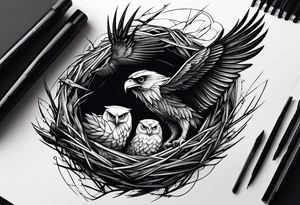 Owl, raven, eagle cuddled in a nest, looking down into the nest tattoo idea