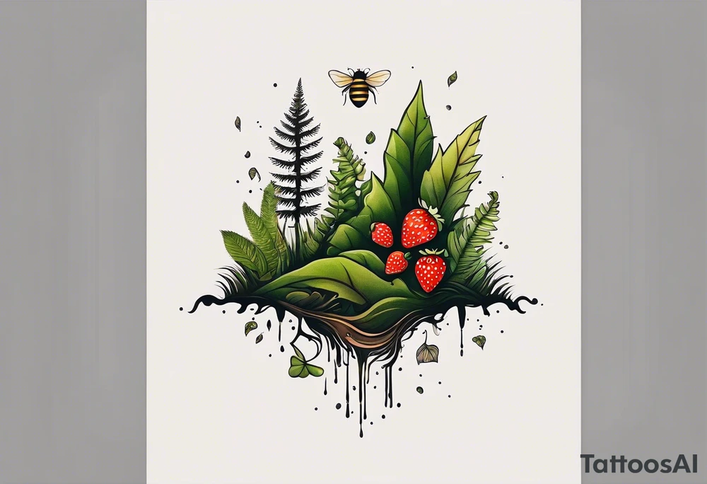 forest floor inspired minimalist tattoo, which includes grass, curly ferns, moss and dead leaves as the bulk of the tattoo. details to include: three very tiny strawberries, a tiny bumblebee flying nearby, three small brown mushrooms
Generate a vertically long one tattoo idea