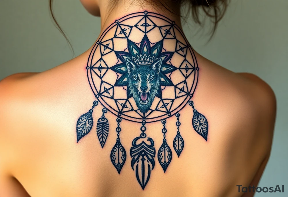 Dreamcatcher with zodiac symbols and protection runes caught in it with wolf teal tattoo idea