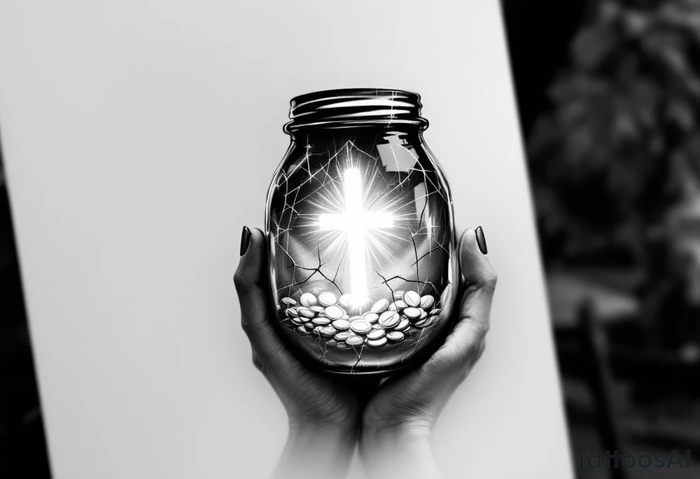 A black and white tattoo that captures both the fragility of the jar and the treasure inside can be incredibly symbolic. Here’s a refined concept that integrates both elements:

Cracked Jar with Glowing Treasure Inside:
- The Jar: The main design can be a clay jar, slightly cracked, representing human fragility.
- The Cracks: From the cracks in the jar, light pours out—symbolizing the divine treasure (God’s power) within. You can emphasize the cracks with golden lines (like kintsugi) to show that even in brokenness, there is beauty.
- The Treasure: Inside the jar, you could depict glowing treasures, such as gold coins, a radiant heart, or even spiritual symbols like a cross, a dove, or a light-filled crown. The treasure doesn’t have to be too literal—just enough to show that what’s inside is precious and divine.

### Additional Elements:
- Hands Holding the Jar: To further emphasize fragility and care, you could add divine or human hands gently holding the jar, symbolizing protection despite its weakness.
- Scriptural Reference: Around or beneath the jar, you could include "2 Corinthians 4:7" in a graceful script to anchor the design in its biblical meaning.
  
This concept unites the theme of human fragility and God's power, using the cracked jar as the vessel that reveals the treasure within. tattoo idea