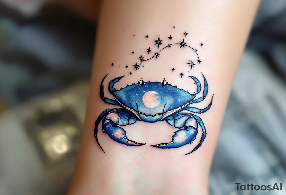 A delicate Cancer star constellation in shimmering silver ink arcs above a soft blue watercolor crab. tattoo idea