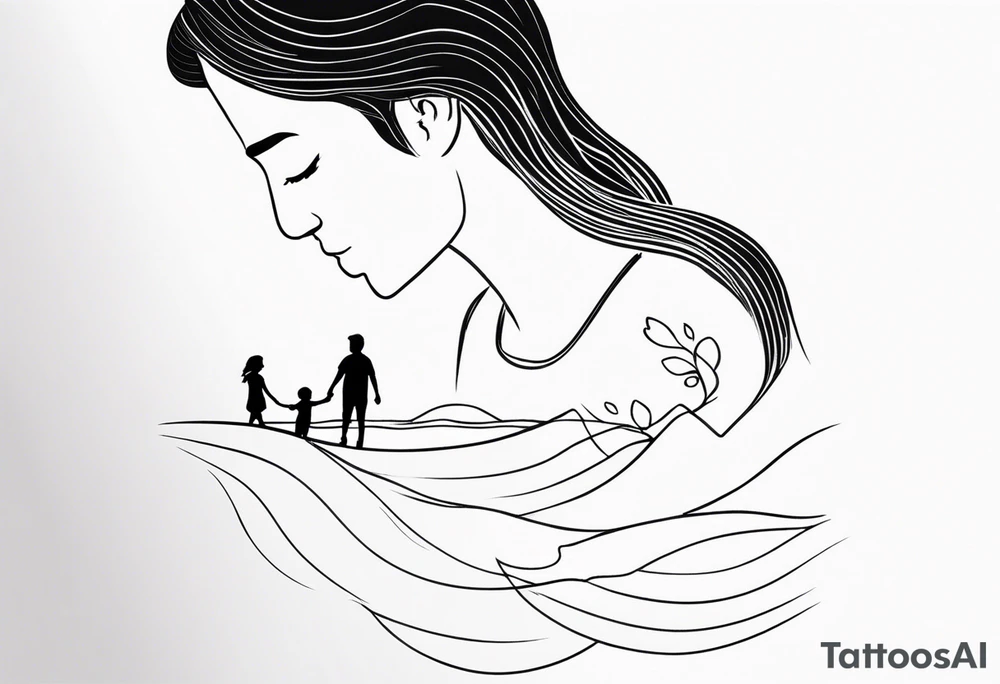 Single line tattoo of a dad and his two toddler daughters holding hands by the ocean tattoo idea