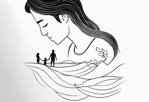 Single line tattoo of a dad and his two toddler daughters holding hands by the ocean tattoo idea