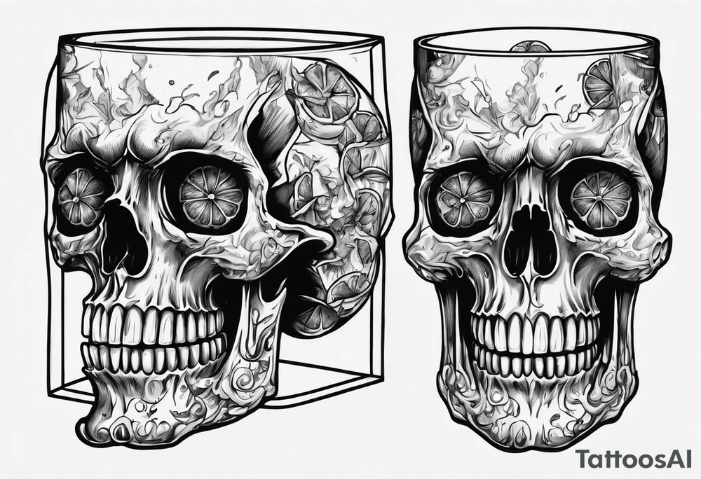 A smiling looking to the left scull inside the glass with alcohol and piece of lime tattoo idea