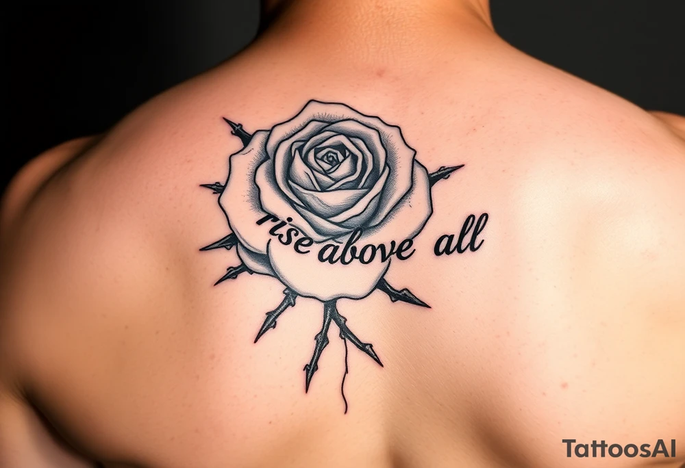 rose tattoo with thorns saying rise above all tattoo idea