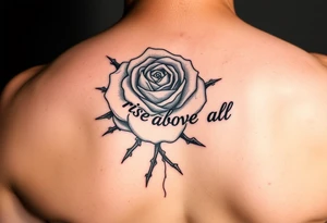 rose tattoo with thorns saying rise above all tattoo idea