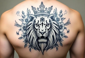 powerful majestic lion with a crown, surrounded by floral ornaments and birds tattoo idea