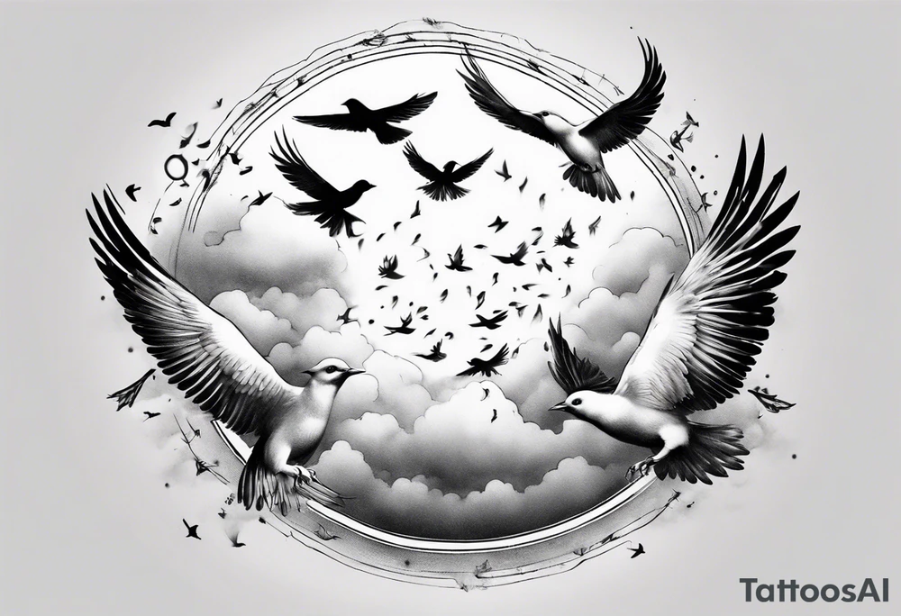 shoulder tattoo with light rays with birds flying free among the clouds, round shape tattoo idea