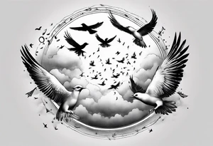 shoulder tattoo with light rays with birds flying free among the clouds, round shape tattoo idea