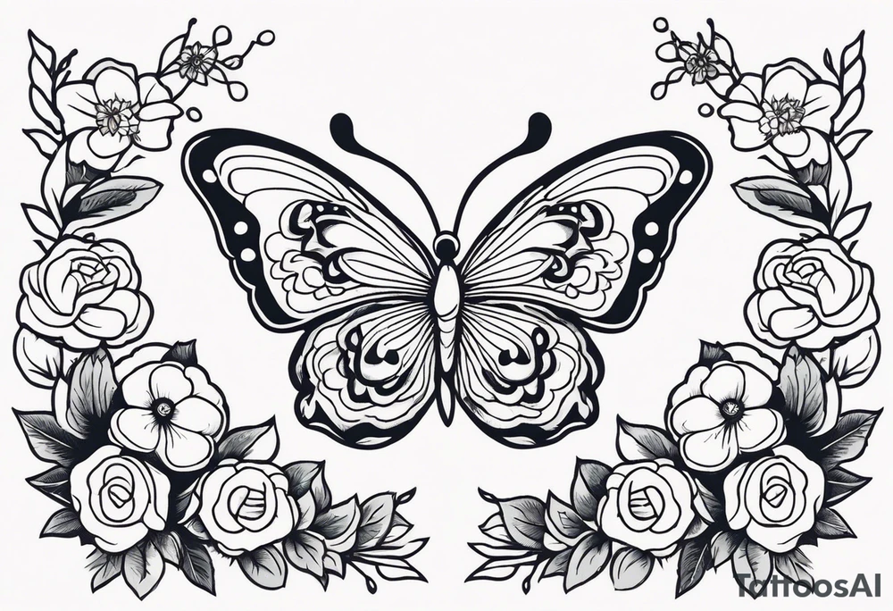 butterfly 
with flowers around it vintage old school traditional tattoo idea