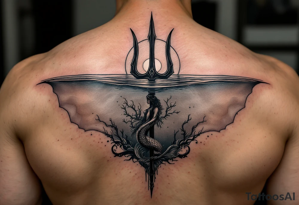 trident half way under calm water with sunset and mermaid tattoo idea