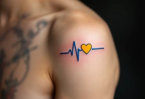 A blue EKG tattoo around the arm with a bright yellow heart, capturing the pulse of love and happiness. tattoo idea