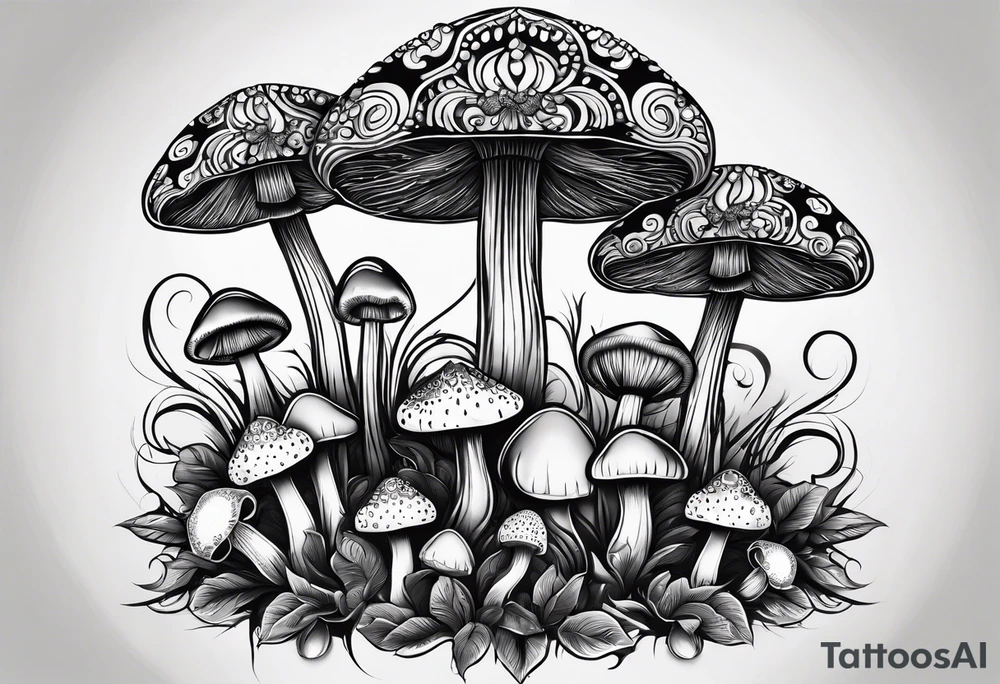 Large Shaggy cap mushroom dripping ink off cap with 4 smaller mushrooms around it mandala henna black tattoo design tattoo idea