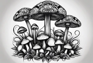 Large Shaggy cap mushroom dripping ink off cap with 4 smaller mushrooms around it mandala henna black tattoo design tattoo idea