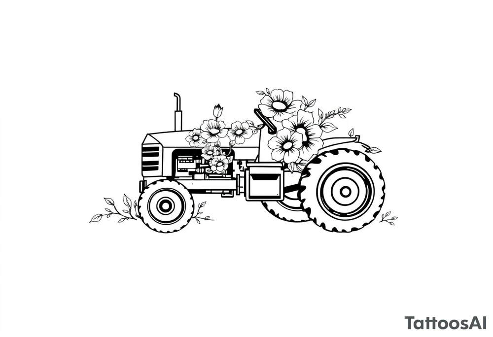 feminine tractor with flowers tattoo idea