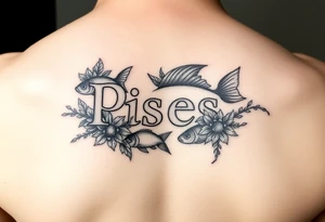 From the word “Pisces” around the word female characteristics of the zodiac sign floral and fishes tattoo idea