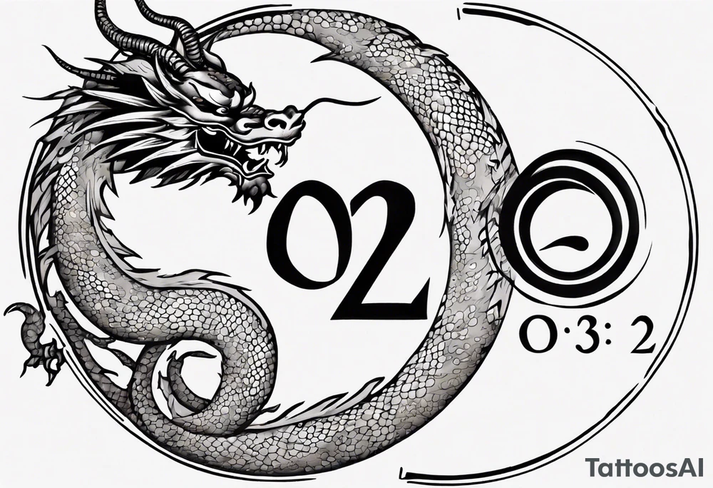 Chinese dragon in a circular shape with "02.03" written on it tattoo idea