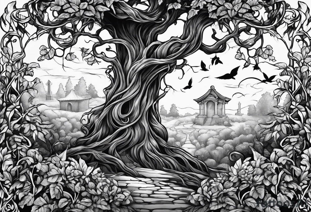 Leafy vines with grave yard tattoo idea