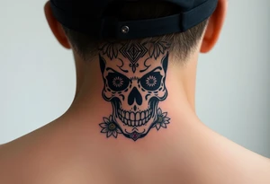 Masculine sugar skull with diamond gemstone eyes and daisy tattoo idea