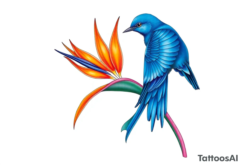 Bird of paradise flower with blue bird tattoo idea