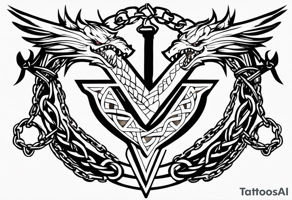 Valhalla sword shield dragon axe Valknut barbed wire chains tattoo idea Valhalla sword shield dragon axe Valknut barbed wire chains tattoo idea