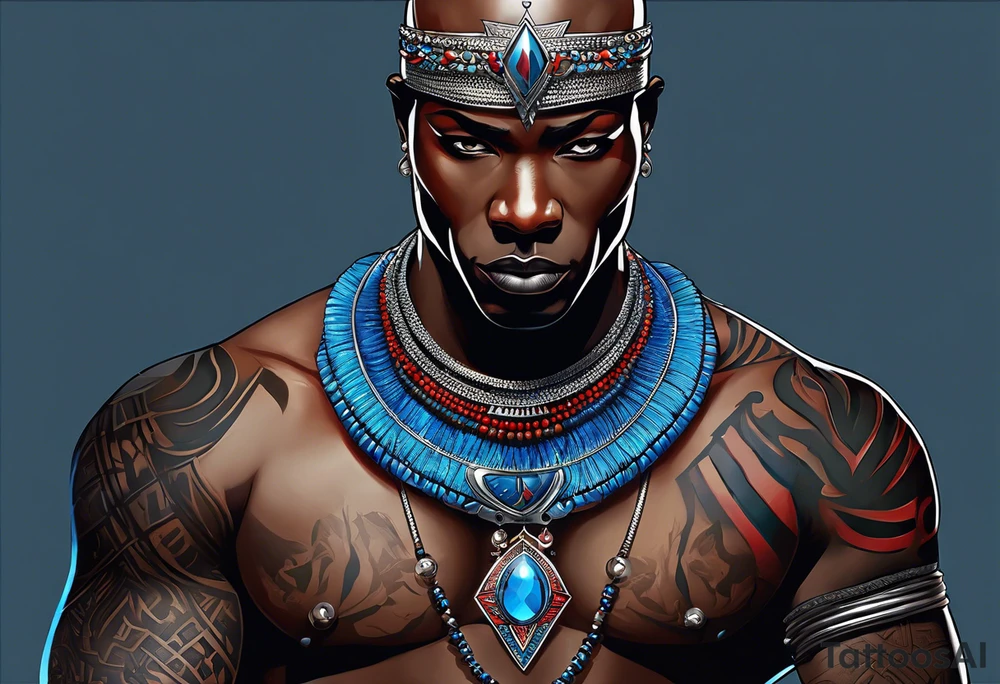 Black-skinned bald african warrior. He wears a simple and small silver crown. He uses blue and red necklaces tattoo idea