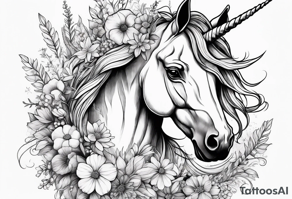 Unicorn and wildflowers half sleeve tattoo idea