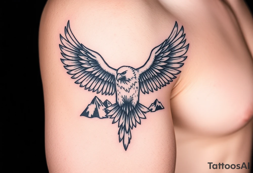 majestic eagle spreading wings against mountain peaks tattoo idea