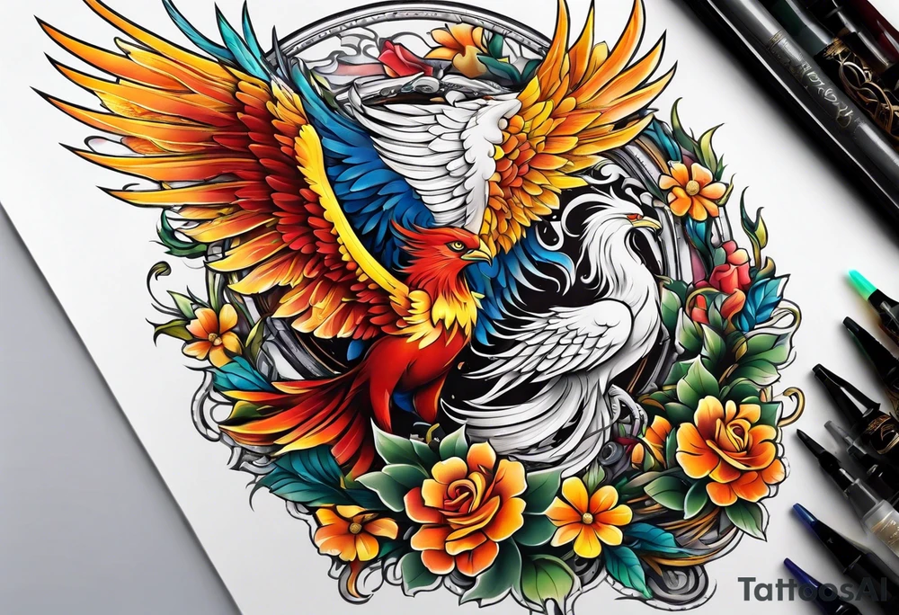 Sleeve with blind Themis and Phoenix with flowers tattoo idea