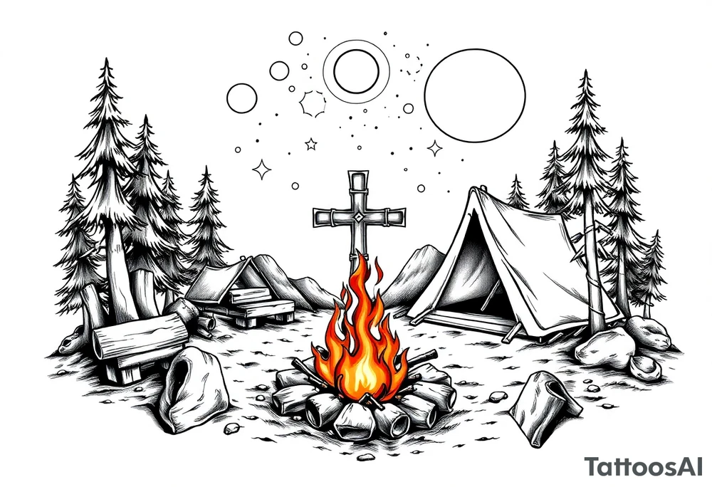 Campsite with a campfire with a cross tattoo idea
