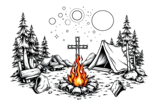 Campsite with a campfire with a cross tattoo idea