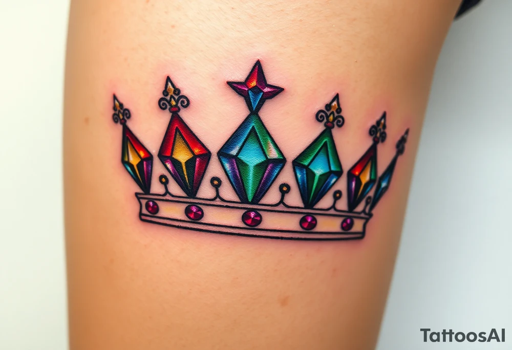 royal crown embellished with multiple diamonds, each one glowing with a different color: red, blue, green, and purple, creating a vibrant, regal aestheti tattoo idea