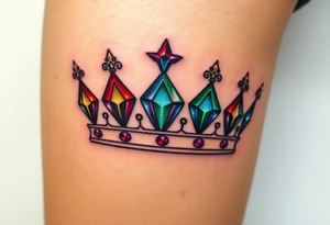 royal crown embellished with multiple diamonds, each one glowing with a different color: red, blue, green, and purple, creating a vibrant, regal aestheti tattoo idea