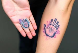 Two hand prints while a tiny handprint placed inside a larger one, shaded in watercolor pastels (light pink, baby blue, and soft lavender), representing growth and connection tattoo idea