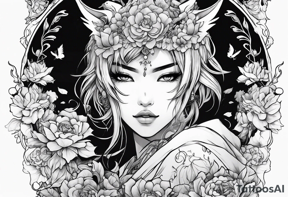2 dimensional art of a bleeding anime girl surrounded by an asian gargoyle and flowers tattoo idea