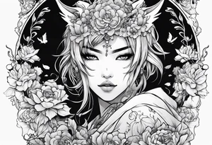 2 dimensional art of a bleeding anime girl surrounded by an asian gargoyle and flowers tattoo idea