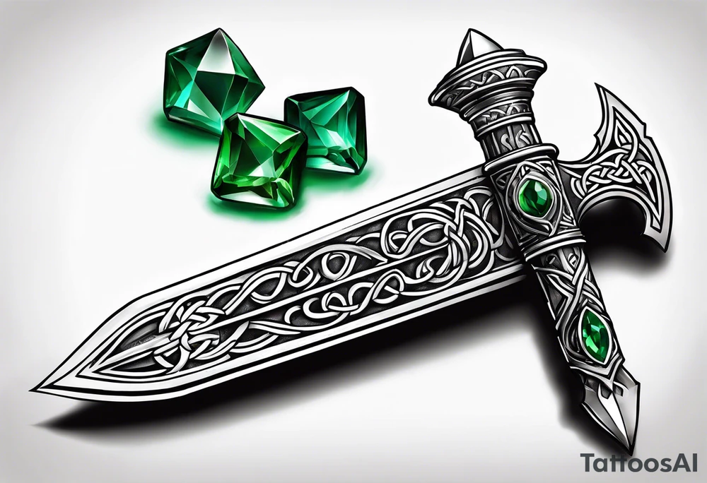 A Celtic dagger with an oak hilt turned upright and emerald gemstones on it tattoo idea