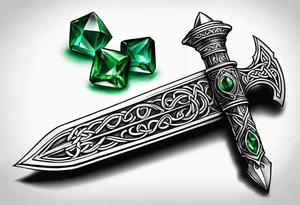 A Celtic dagger with an oak hilt turned upright and emerald gemstones on it tattoo idea