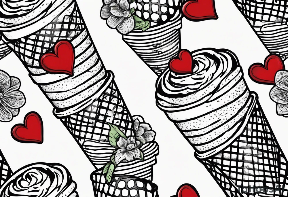 simple mint chocolate chip ice cream cone with small red heart on it somewhere while representing Paris tattoo idea