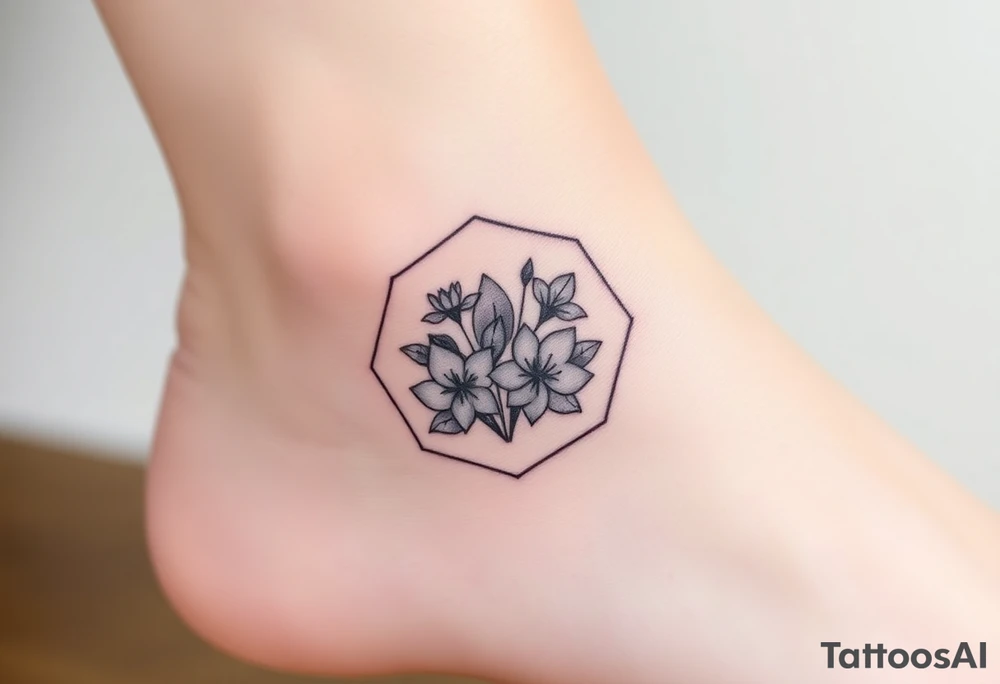 Faint Hexagon with Leo, larkspur and water lilies in the center tattoo idea