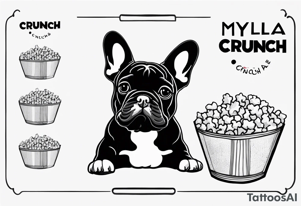 a pop corn bag with written on it Myla's crunch and the head of a french bulldog as a logo on the bag tattoo idea